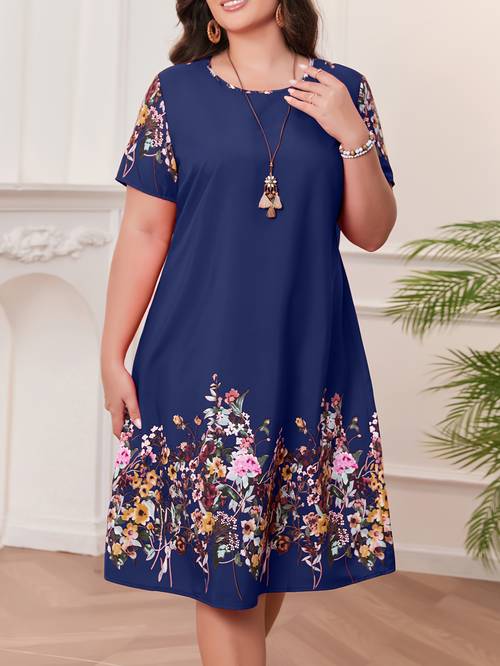 plus size plus size womens plus size spring and summer round neck straight dress with printed design made from comfortable non stretch fabric machine washable and vacations