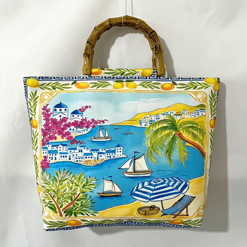 TEMU Island Scenery Bamboo Handle Women's Tote Bag, Large Capacity Commuter Handbag, Casual Shopping Travel Multi-functional Handheld Bag, Greek