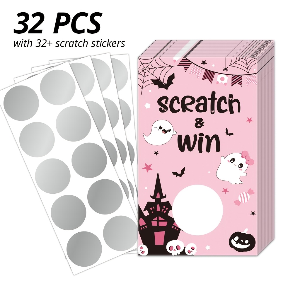 TEMU 32 cartes à gratter roses d'Halloween avec autocollants à gratter ronds, taille : 9 X 5,4 cm / 3,5 X 2,1 pouces, pour les fêtes d'Halloween, les
