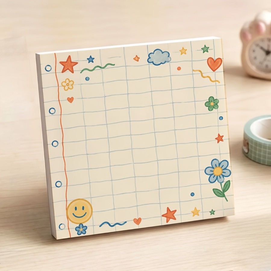 TEMU Kawaii Paper Non-sticky Notepad, Colorful Doodle Grid Tear-off Memo Pad, Cute Face For Student School Supplies And Office Desk Decor