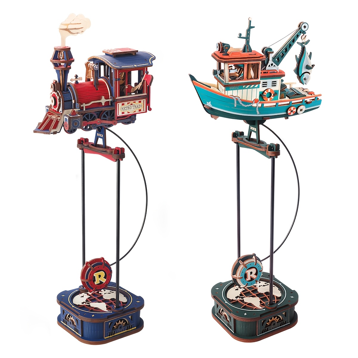 Image of 2pcs Robotime Mechanical 3d Puzzle Building - Gravity Swing Suitable 14+, Wood Model With Steam & Fishing Boat, Challenging For, Birthday/christmas Gift For, Desktop Decor