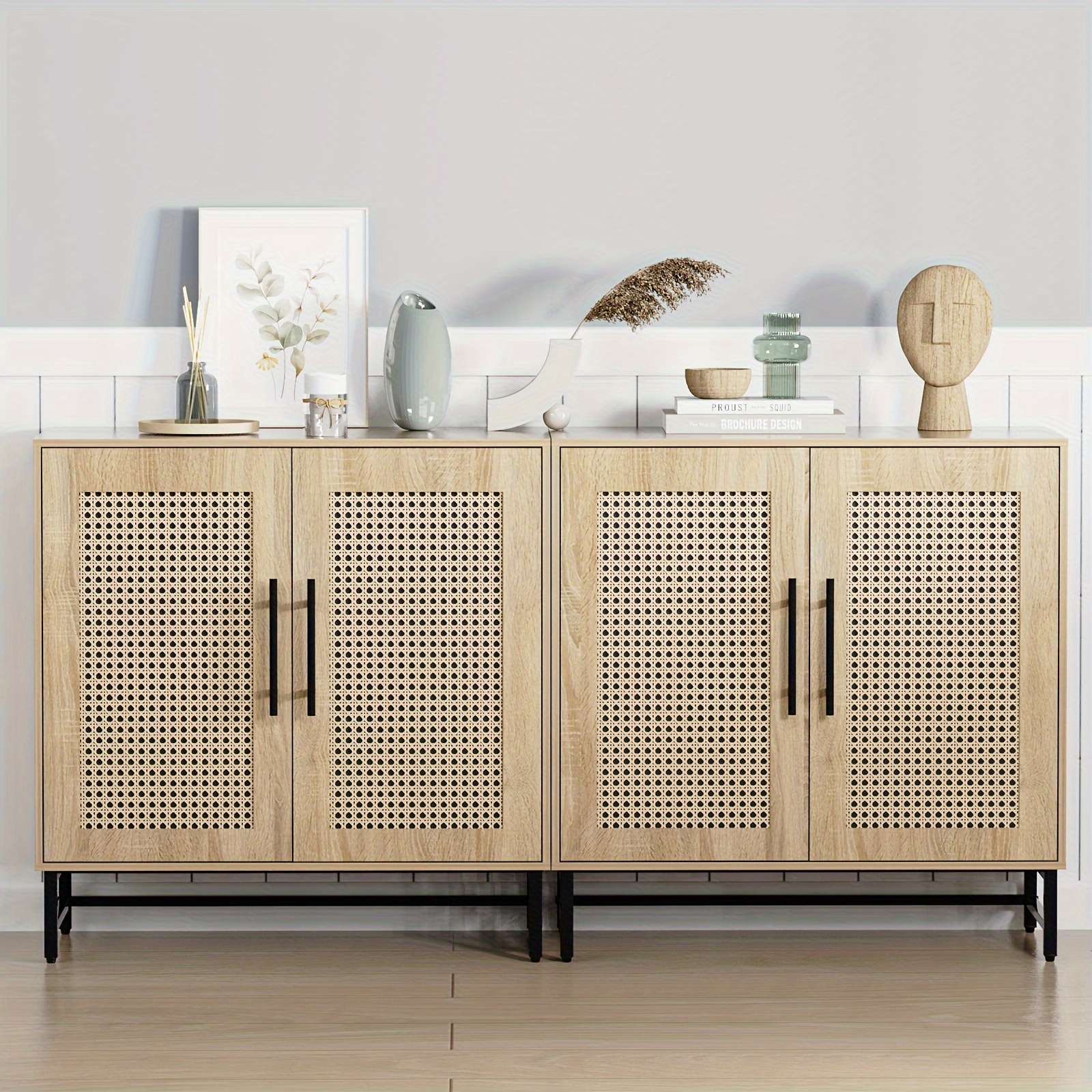 

Set Of 2 Handmade Natural Rattan Storage Cabinet, Free Standing Buffet Cabinet, Morden Sideboard And Buffet Storage, Wood Accent Cabinet For Living Room, Hallway, Entryway, Bedroom
