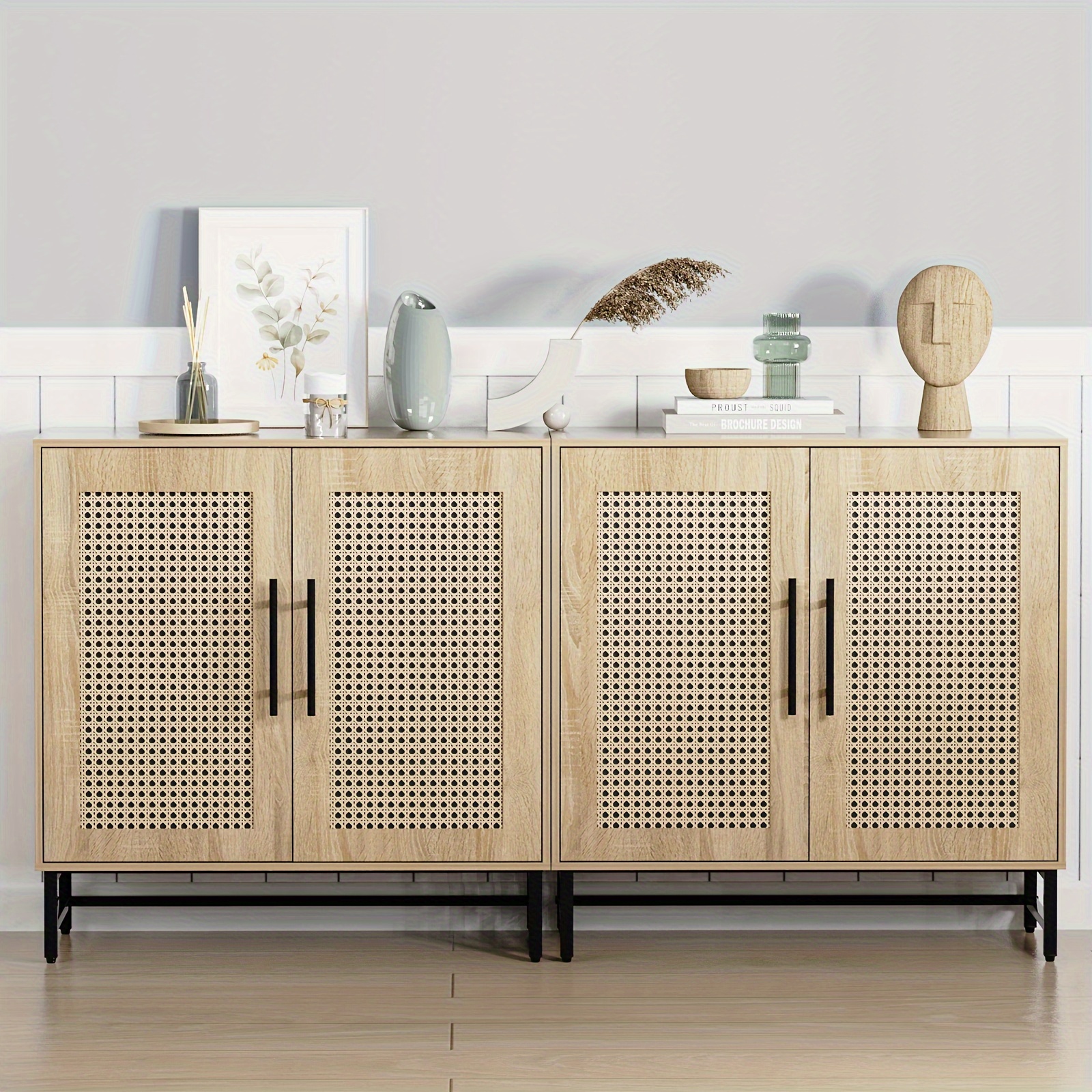 

Set Of 2 Handmade Natural Rattan Storage Cabinet, Free Standing Buffet Cabinet, Sideboard And Buffet Storage, Wood Accent Cabinet For Living Room, Hallway, Entryway, Bedroom