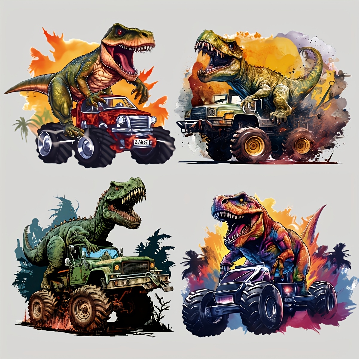 TEMU 8 piezas, 4 grandes y 4 pequeñas, pegatinas termoadhesivas de animales para planchar, parches de dinosaurio y vehículo todoterreno para