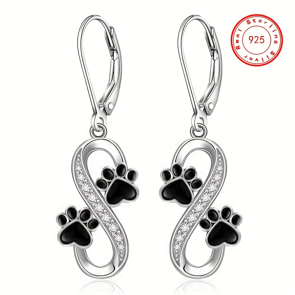 

925 Sterling And Dog Paw Print Earrings, Black Cat Paw Print Women' Silver Infinity Earrings, The For Women's Valentine's Day Infinity Puppy Earrings Memorial Jewelry Lover Gift