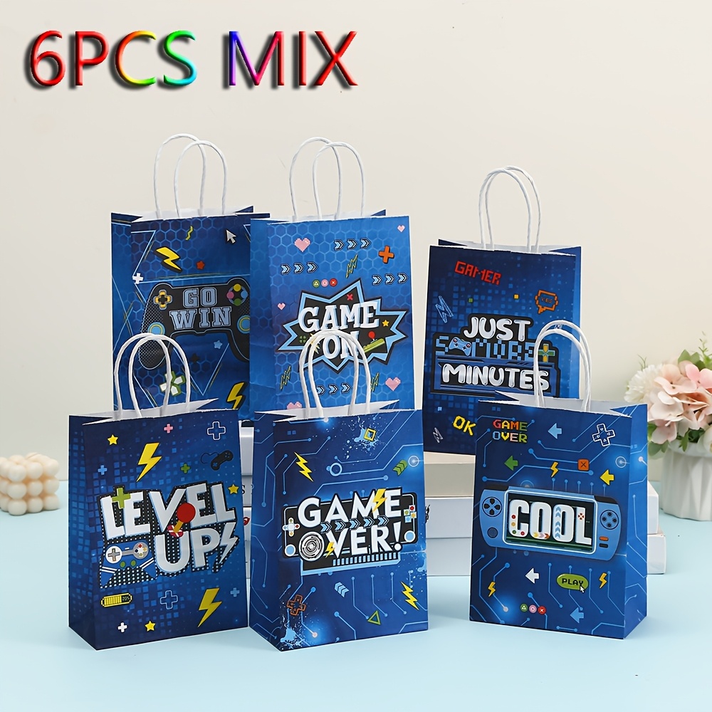 TEMU 6pcs Sacs Cadeaux Réutilisables pour Fête de Jeu avec Poignées - Designs sur le Thème des Jeux (LEVEL UP, , GO WIN) - Papier de Haute Qualité