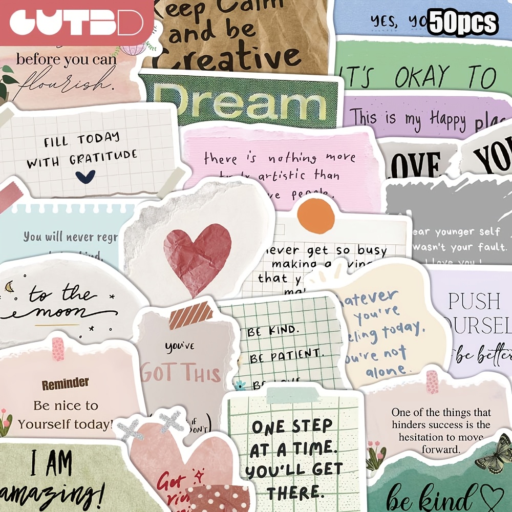 Image of 50pcs Of Minimalist English Text Stickers For Skateboard, Guitar, Notebook Cover, Desktop Decoration, Made Of Pvc Material, Creative Decals