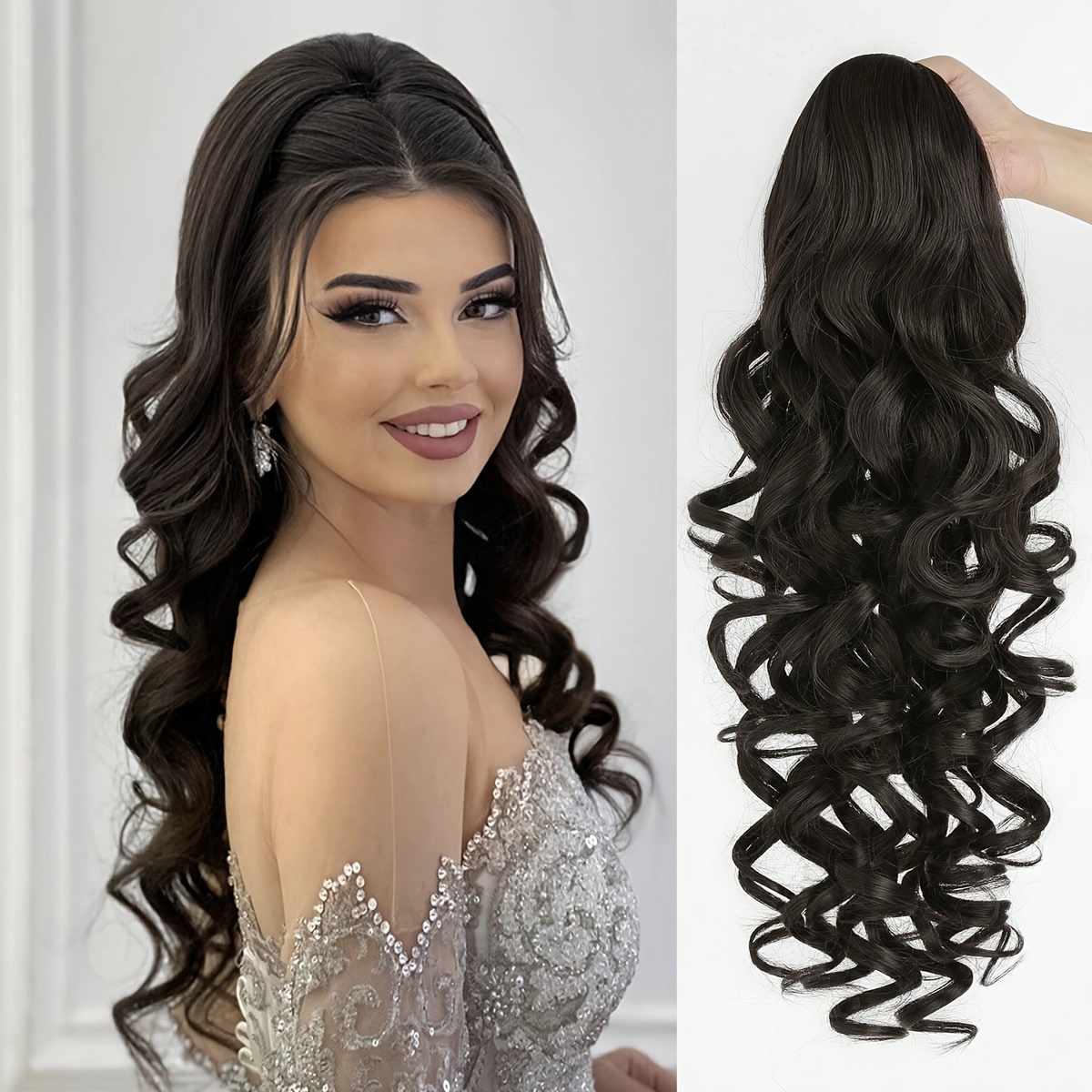 TEMU Elegant 22" Black Deep Clip Ponytail Extension - Heat-resistant Synthetic Hair, Curls, Women' Use, Ponytail Hair Extensions