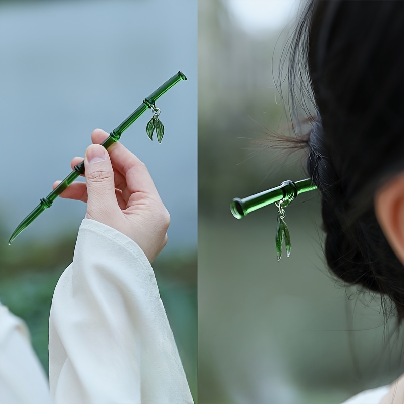 

1pc Emerald Bamboo Hairpin With Leaf Charm - Chinese Style Hair Accessory, High-end Resin Material, Elegant Women's Hair Stick, Non-feathered