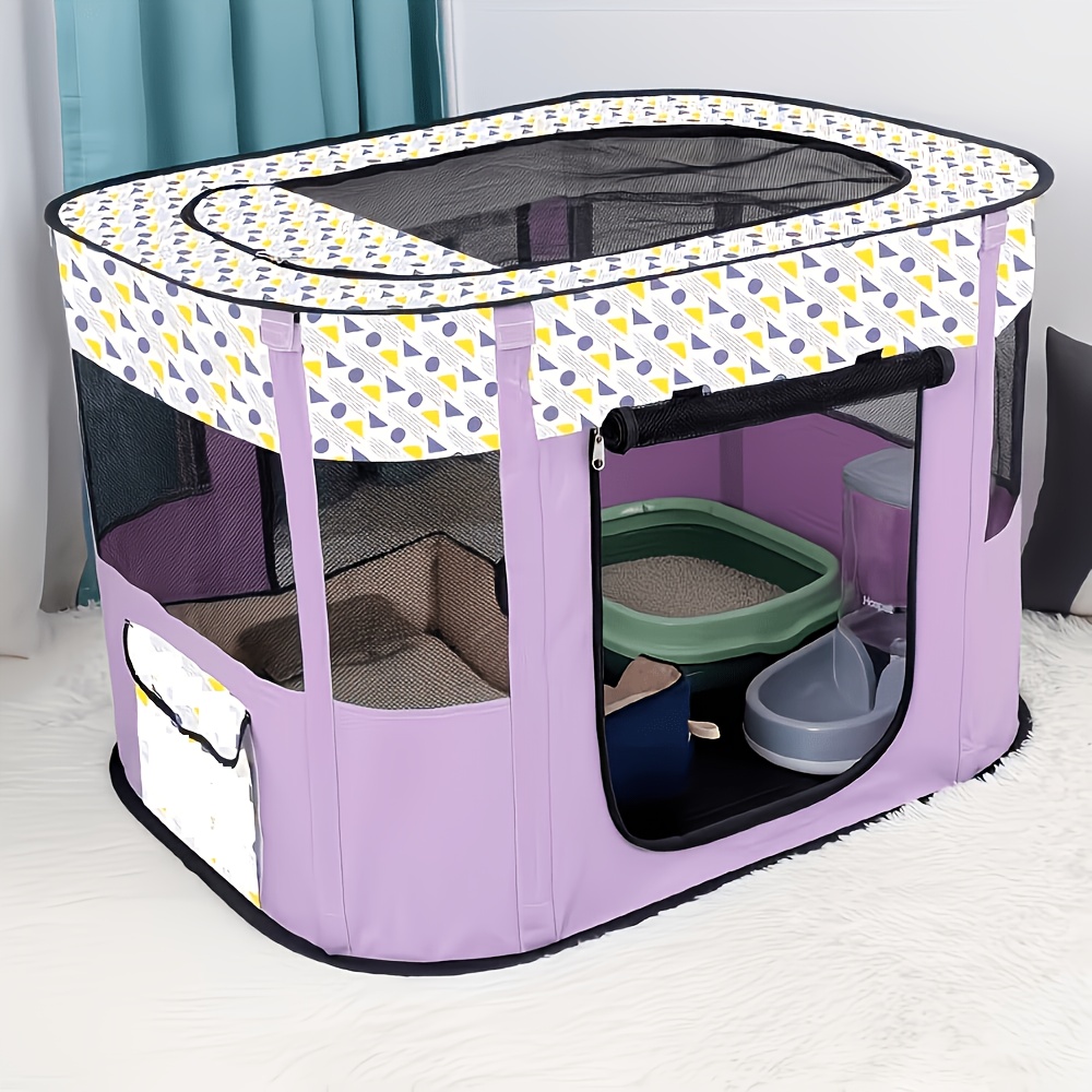 Purple rectangular pet playpen with mesh panels and front door