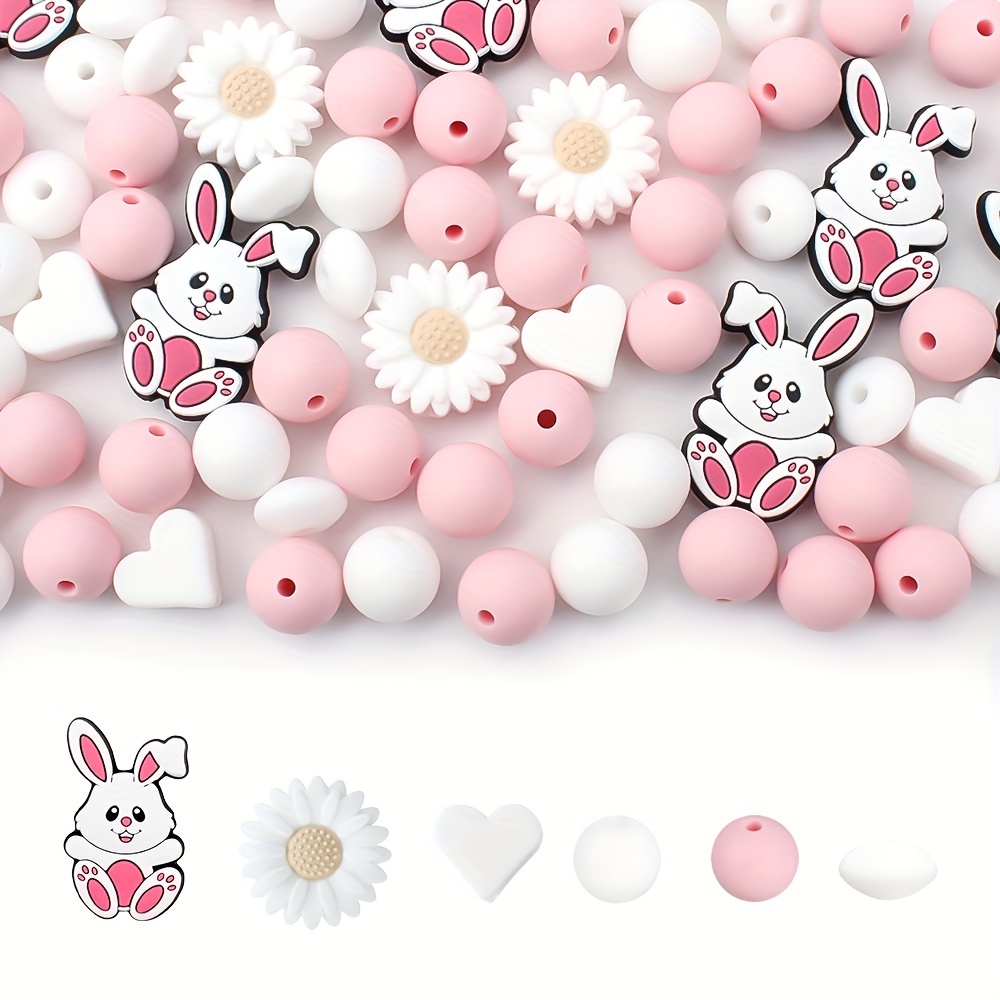 

18pcs/set Rabbit Daisy Flower Shape Silicone Beads Set For Jewelry Making Diy Keychain Beaded Pen Decoration Cute Fashion