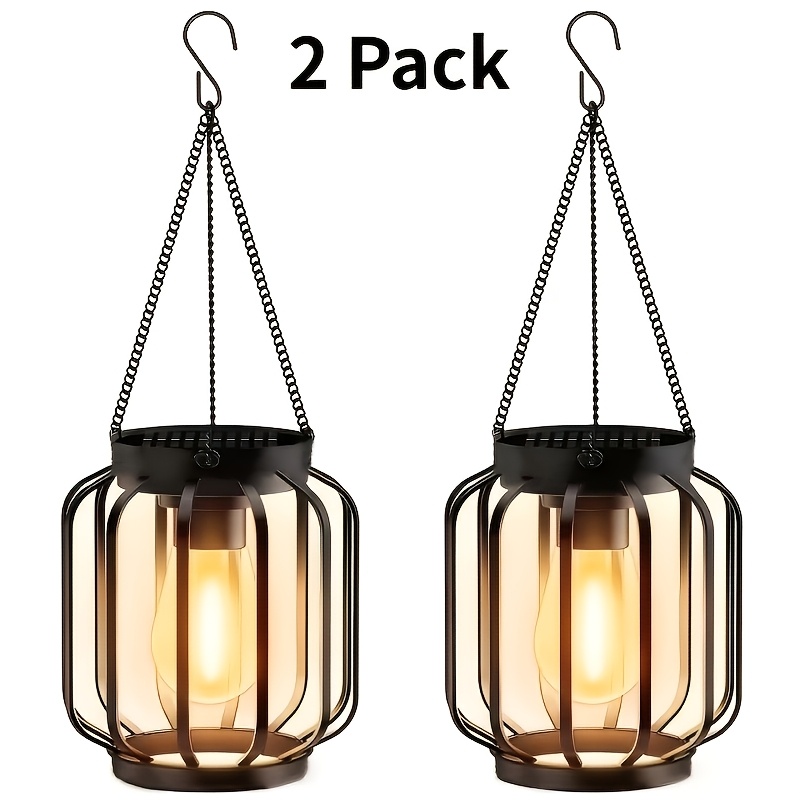 TEMU Pair Of Solar-powered Outdoor Hanging Lanterns, Lanterns With Hooks,ip65,modern Metal Solar Pendant Lights, Warm Light Lanterns Suitable For