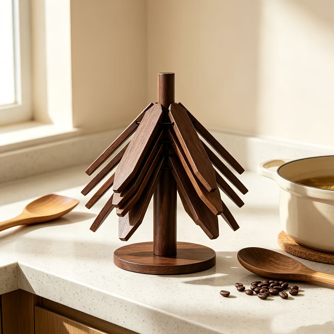 Image of Natural Foldable Wooden Trivet Set - 4 Trivets And 1 Stand For Hot Dishes, Pot, Bowl, Teapot, Hot ()