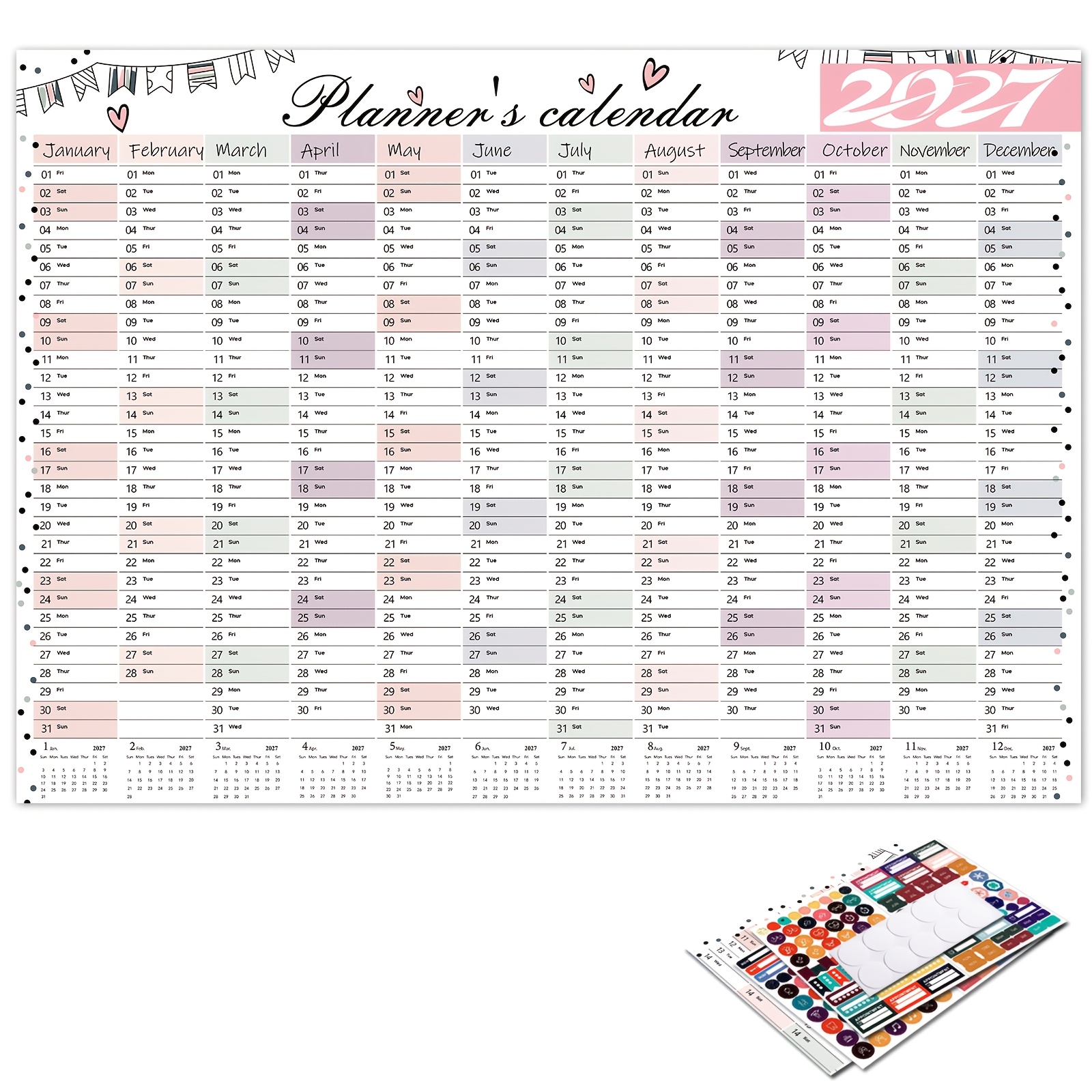 TEMU Calendario da parete grande 2027 per casa e ufficio - Agenda annuale sovradimensionata con 4 fogli di adesivi adatta per scuole, calendario con
