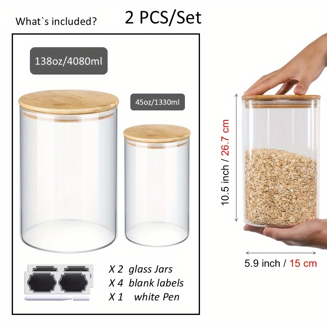 TEMU Set Of 2 Large Glass Food Storage Jar, 136oz (4022ml) Glass Flour Canister With Airtight Bamboo For , Bpa-free Flour Container For Sugar, Ground Coffee, Rice And Dry Food