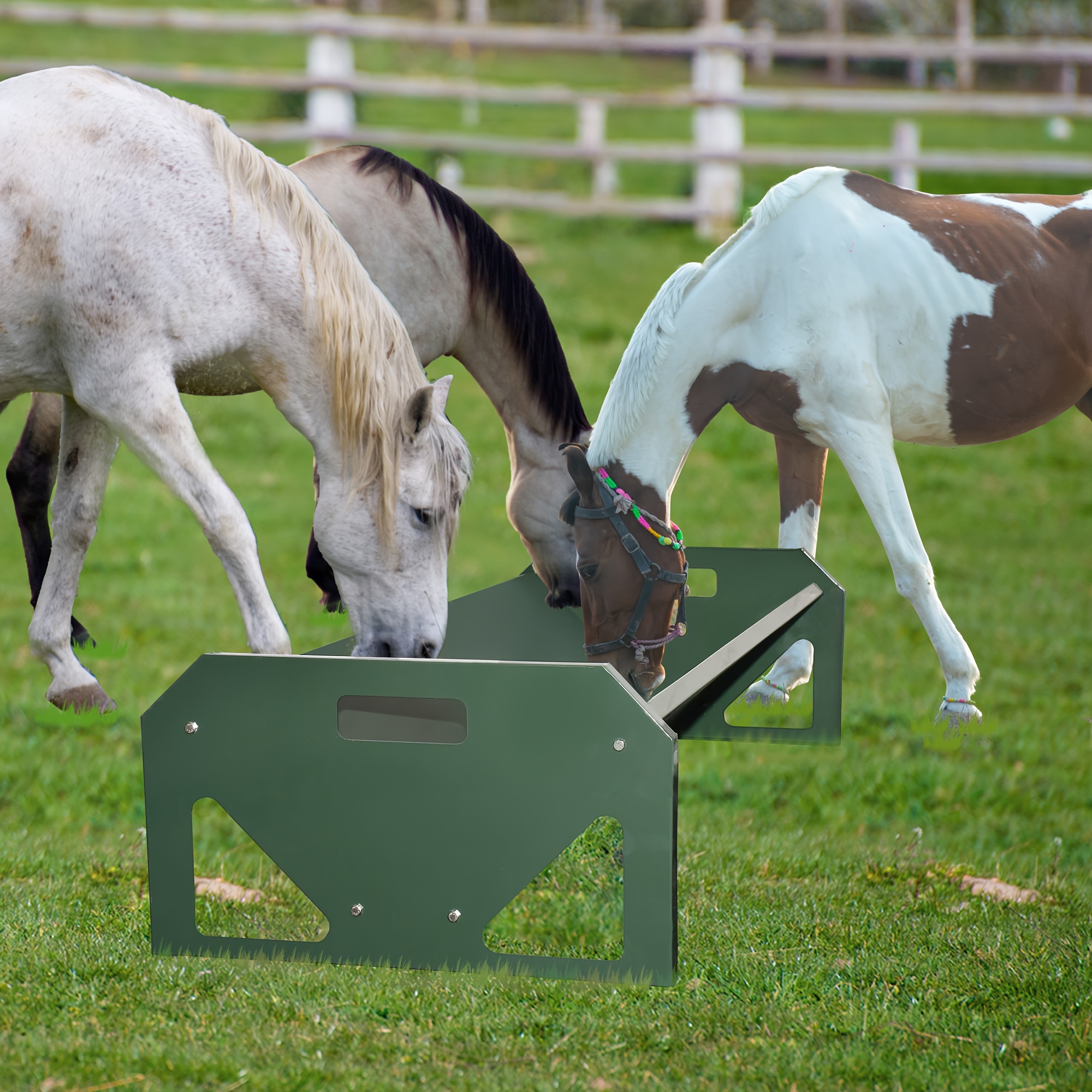 

Extra-large 45" Heavy Duty Galvanized Steel Livestock Feeder - Easy Clean, Portable For Calves, Sheep, Horses, & Goats - Green