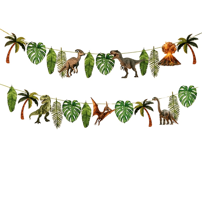 TEMU A Set Of Dinosaur-themed Paper Pull-string Banner Decorations, Featuring Tropical Leaves, , And Dinosaurs, For Birthday Party Themes, Room Wall