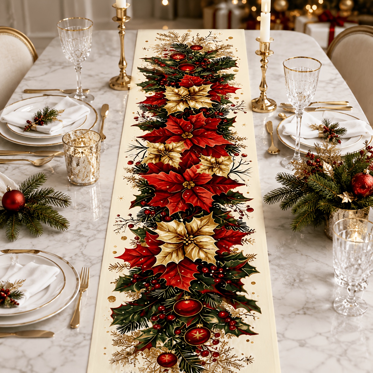 TEMU 1pc Vintage Christmas Red Flower Party Tablecloth, Christmas Red Flower Table Flag, 72x 11 Inch Winter Printed Polyester Fiber Table Flag, Very