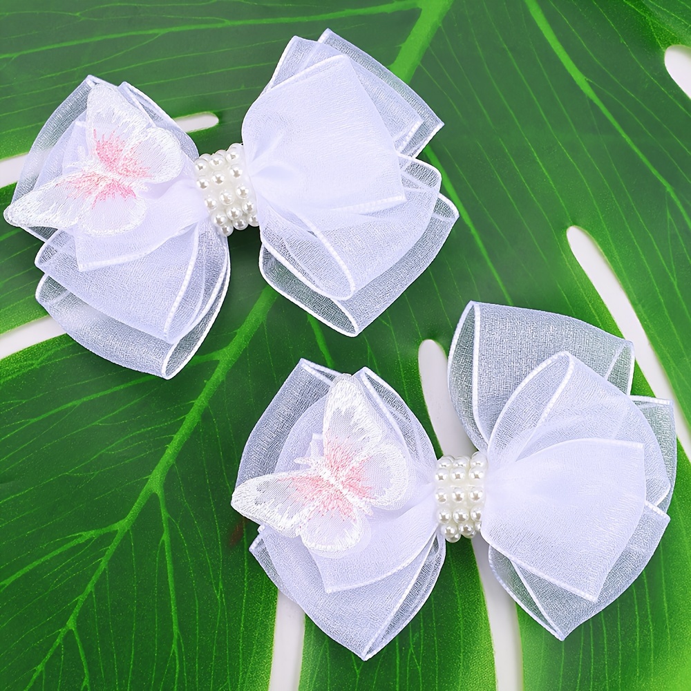 Image of 2pcs Little Girls Adorable Tulle Bow Hair Clips Cute Decor Bow Hair Clips Additions For Little Girls Wedding Party Dressed