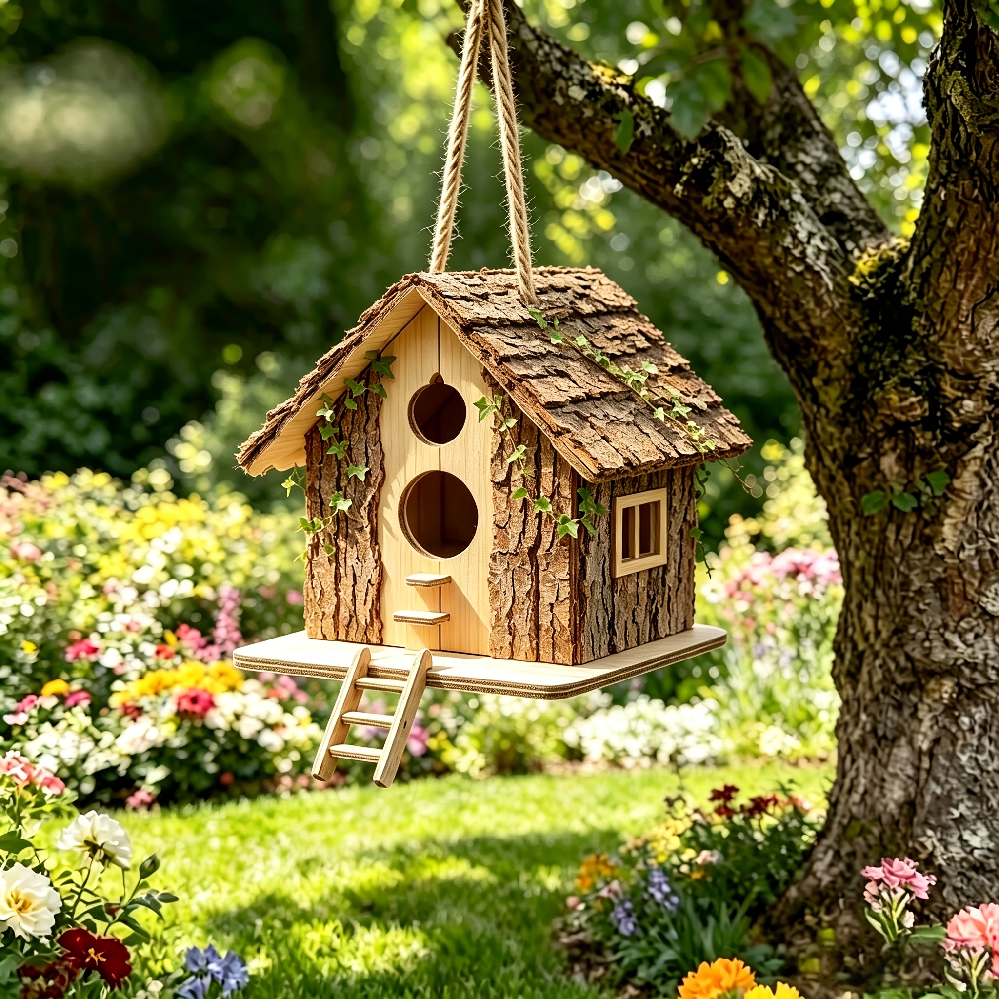 TEMU A Hand-assembled Wooden Birdhouse Feeder, A Balcony Hanging Garden Decoration To Small Birds, An Outdoor Garden Hanging Ornament, Birdcage,