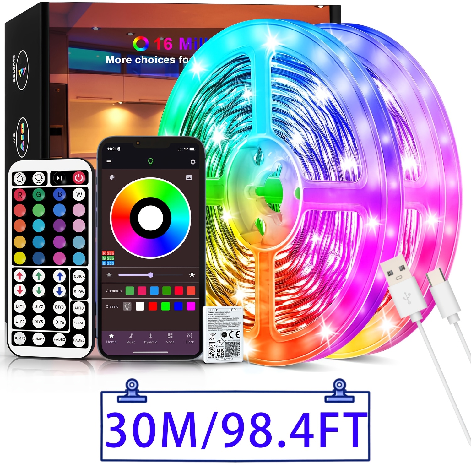 Image of 16ft-100ft Led Strip Lights For Home Decor, Color Changing Light With 44-key Remote And Smart App Control, Music Sync, Timing, Usb-powered, Led Lights For Bedroom, Living Room, Tv Backklight