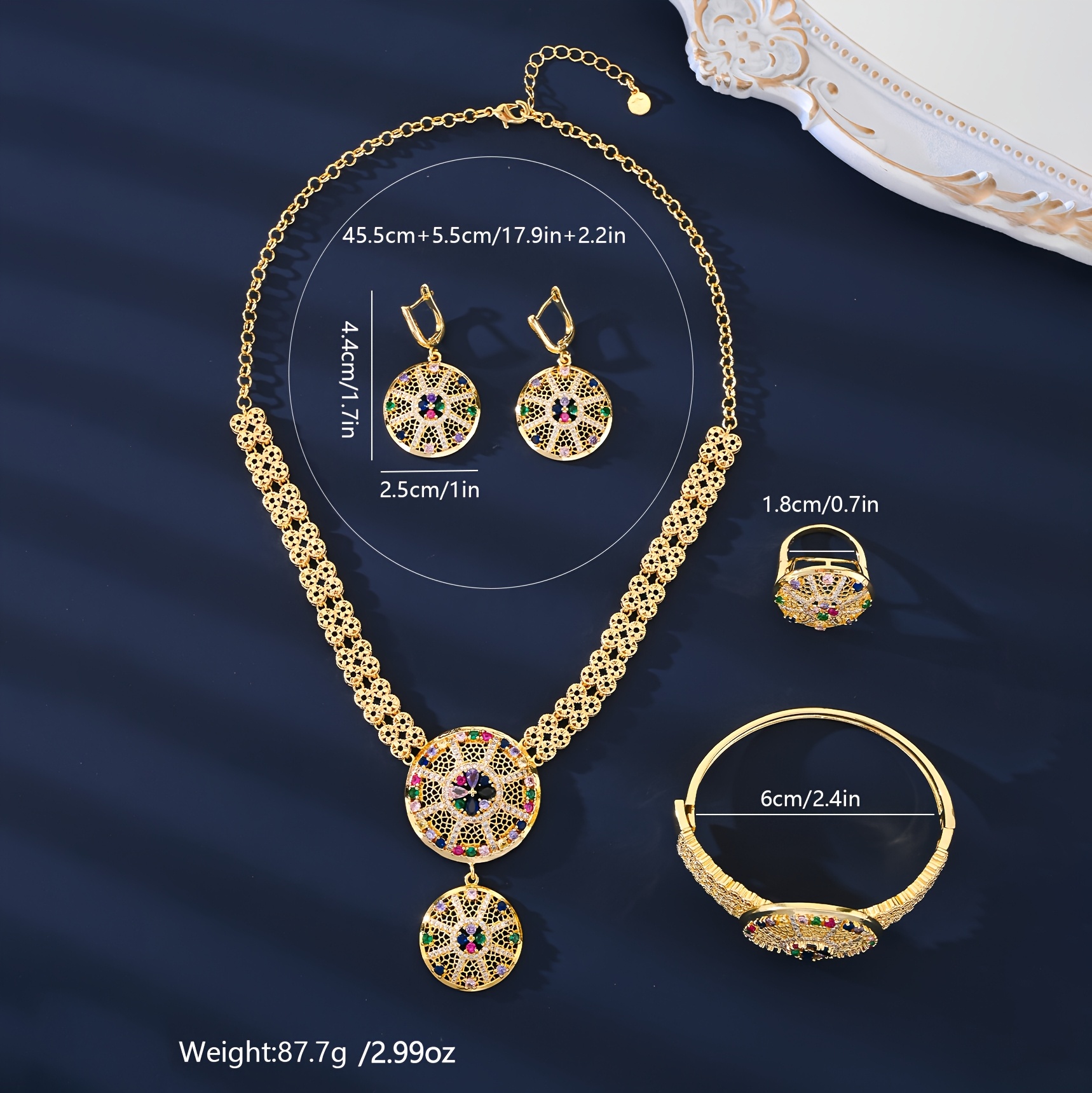 vintage arabian inspired 4pcs jewelry set 18k gold plated copper with colorful zirconia   ring earrings necklace bracelet   weddings festivals details 1