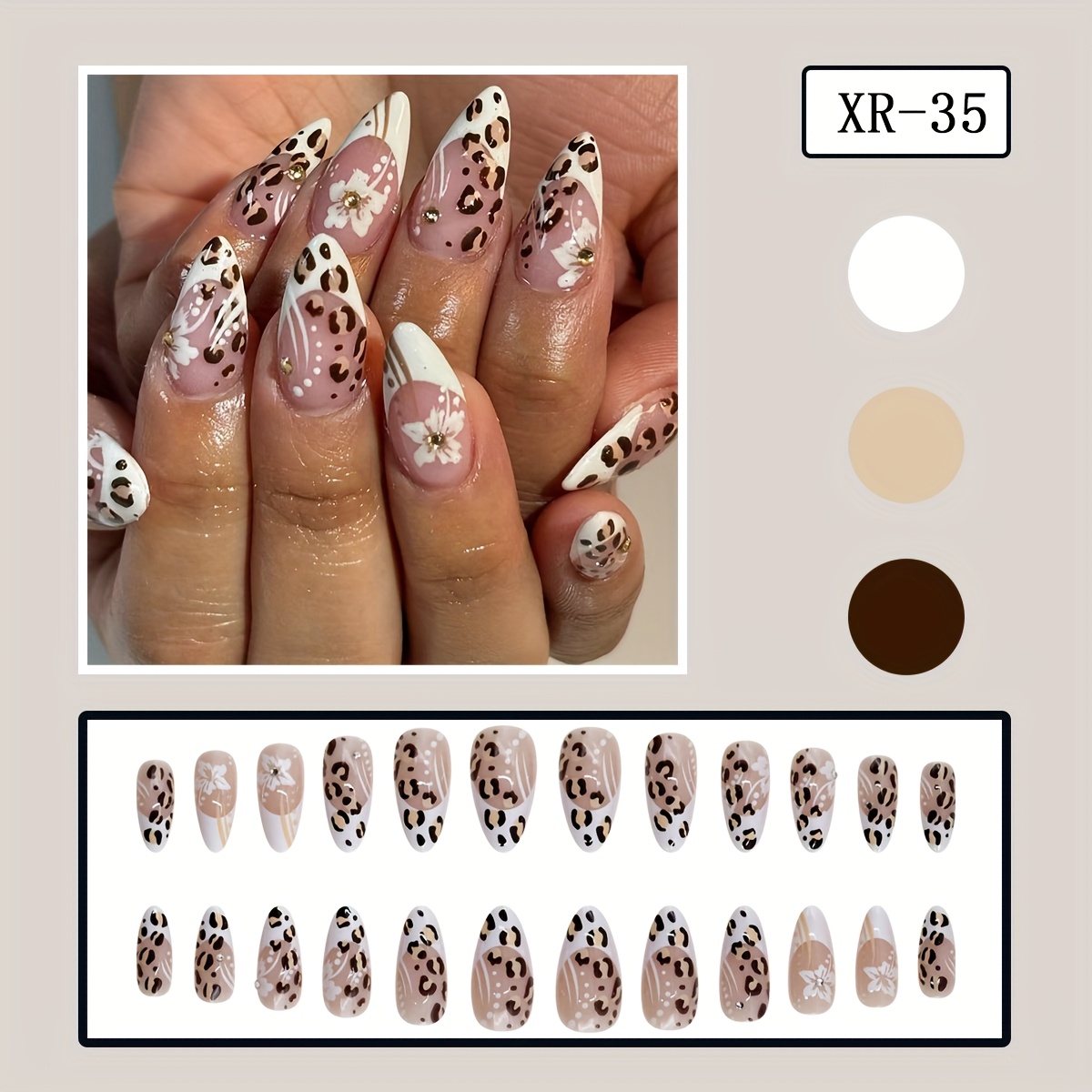 24pcs Of Medium Almond Leopard Print Combined With Floral Elements Presented Through Irregular Brown Spots. The Floral Pattern Is Soft And Elegant, A Romantic Atmosphere Suitable For Daily Wear