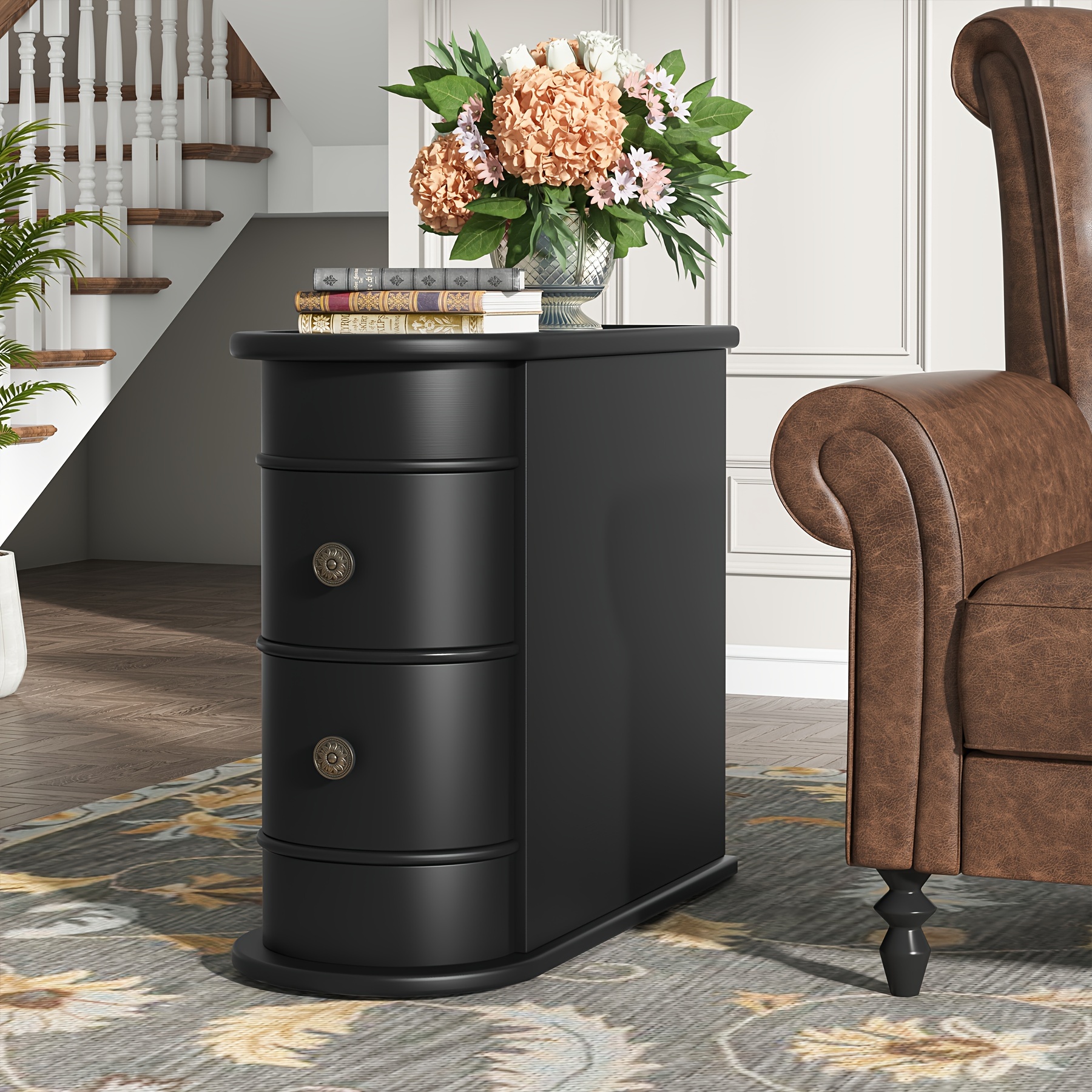 

Vintage End Table With 2 Drawers, No Assembly Required, Black Sofa Side Table With Storage, Closed Back, Nightstand Bedside Narrow Accent Table For Living Room Bedroom