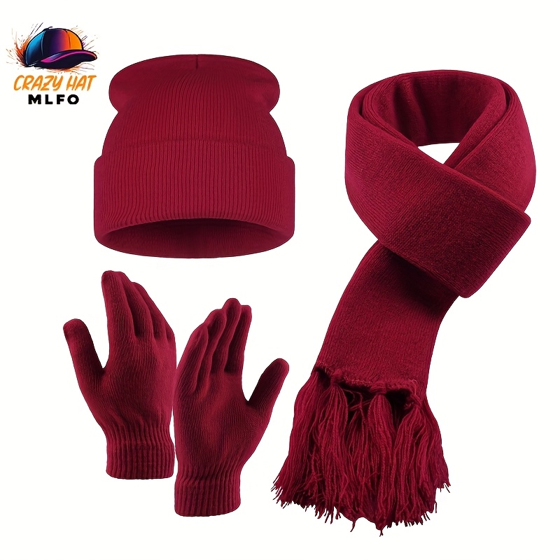 TEMU Ensemble 3 pièces (Chapeau, Gants et Écharpe) Automne/Hiver Couleur Unie Chaud et Tendance Doux et Confortable de Chapeau Tricoté Adapté au