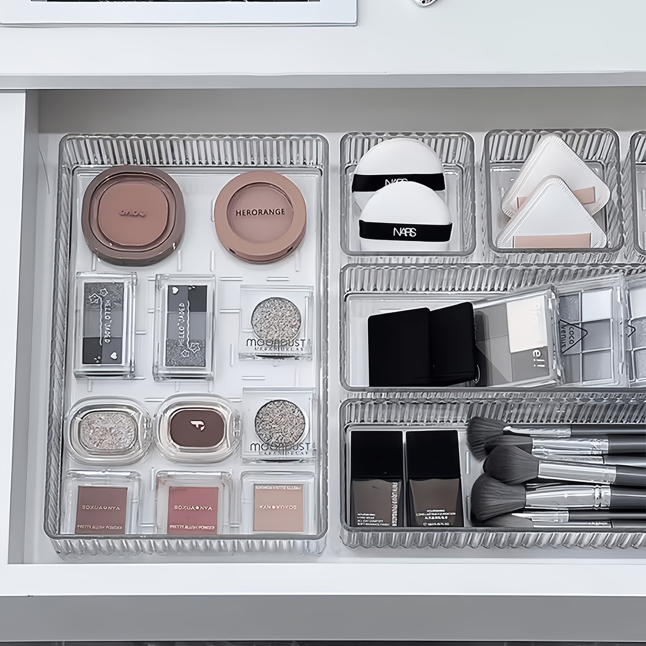 5pcs transparent plastic drawer organizer set 4 sizes multi functional bathroom and vanity storage trays desktop divider organizers non slip storage containers suitable for cosmetics jewelry bedroom kitchen utensils and office use desk