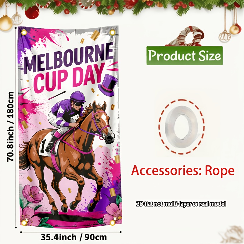 TEMU 2d Flat, 1pc 2d Flat Vibrant Day Horse Racing Scene With And Floral Accents Banner, Horse Race Carnival Backdrop, Outdoor Fence Decoration,