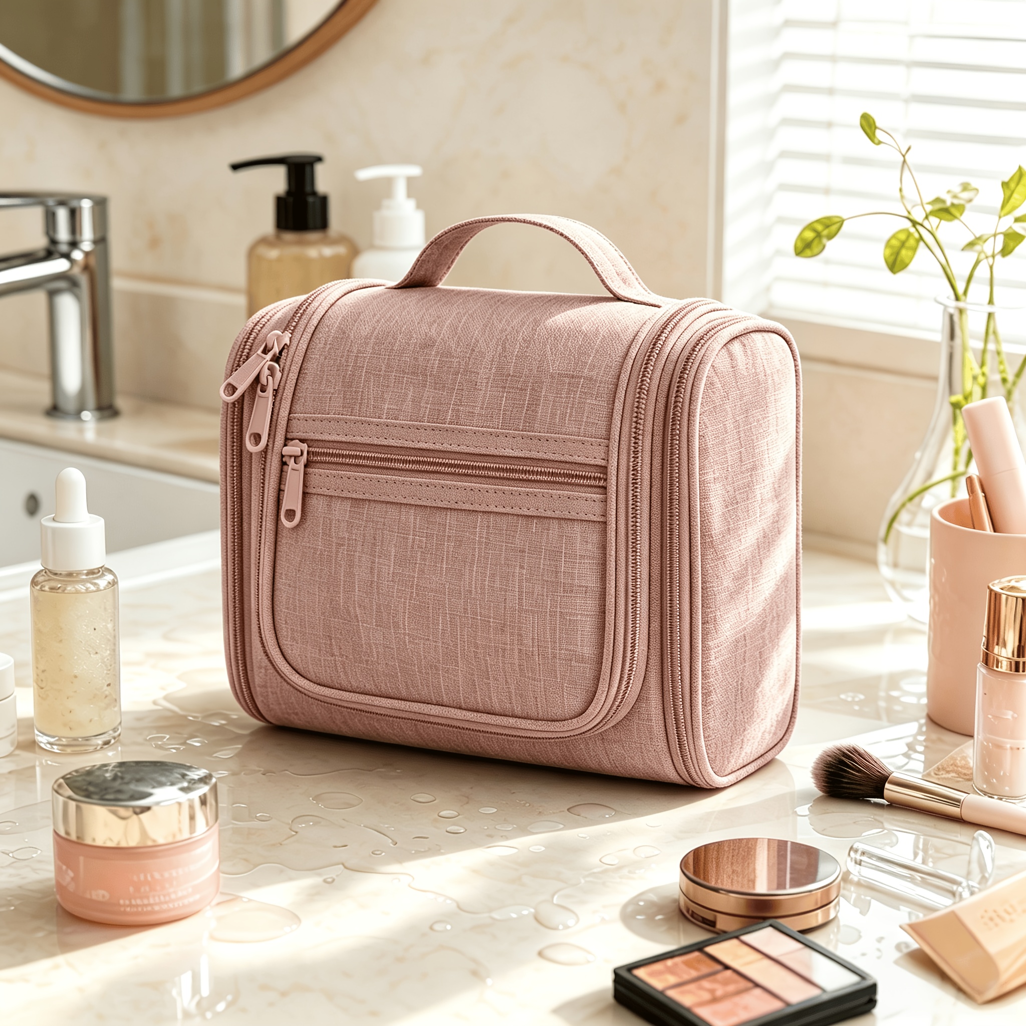 Hanging Toiletry Bag Pink Large U-shaped Opening Travel Accessory Toiletry Kits Bag With Multiple Compartments For Women And Men