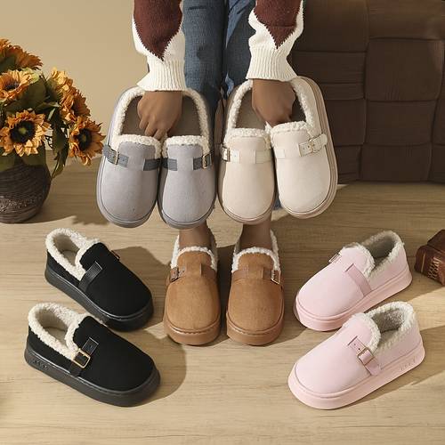 item picture winter fleece warm womens plush inner thick sole fashion straight wear dual use multi color wide toe home slippers wide fit shoes