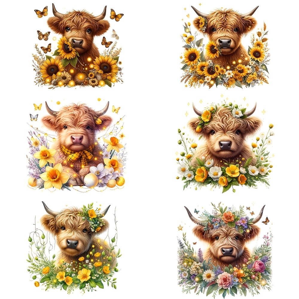 

6pcs Highland Cow Sunflower Iron-on Heat Transfer Vinyl Decals, Diy Washable T-shirt Patches For Clothing Decoration