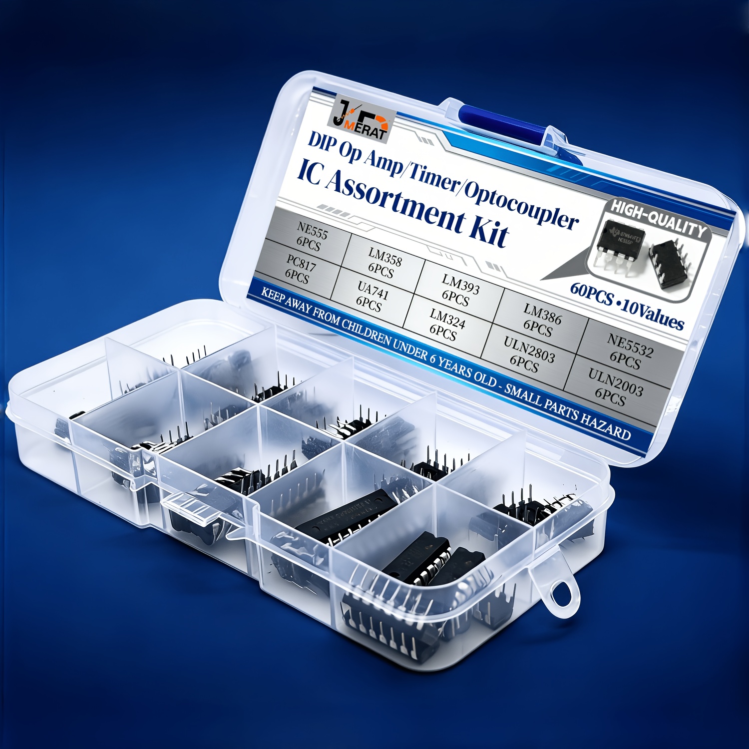 TEMU Kit di 60 chip IC DIP di 10 tipi (NE555, , LM393, LM386, NE5532, PC817, UA741, LM324, ULN2803, ULN2003), Op-Amp/Timer/Optocoupler//Driver per