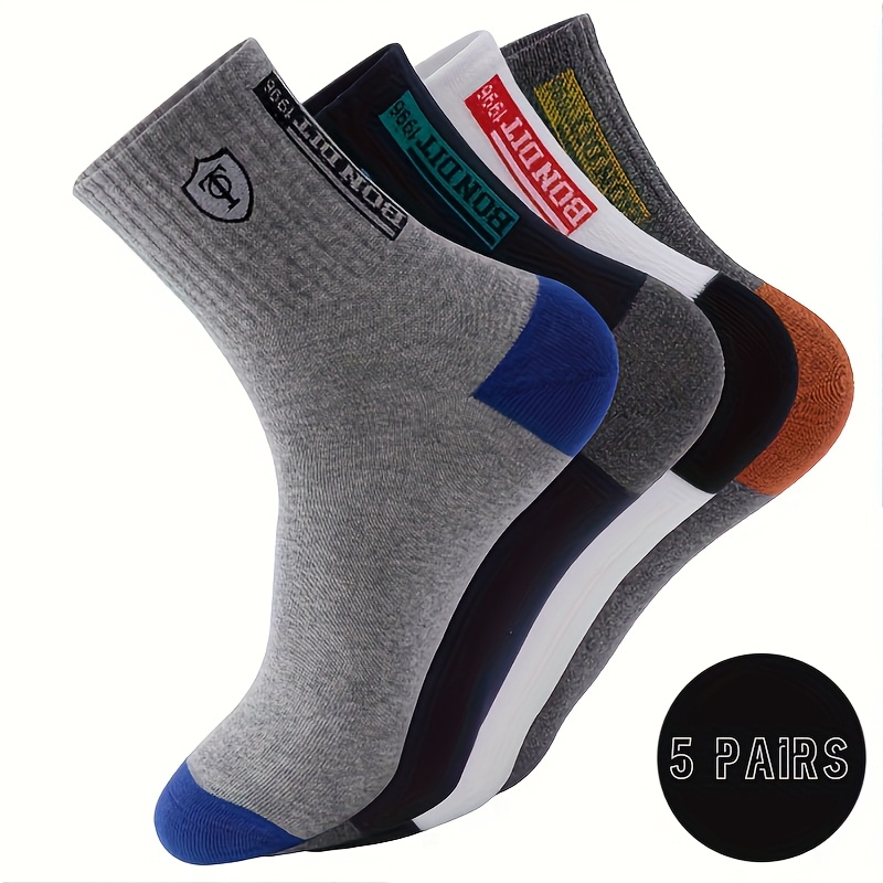 TEMU Random 5 Pairs Men's Sweat-absorbing Embroidered Ankle Socks, Mid-calf Socks, Anti-odor And Sweat-absorbing Men's Socks, Sports Socks,