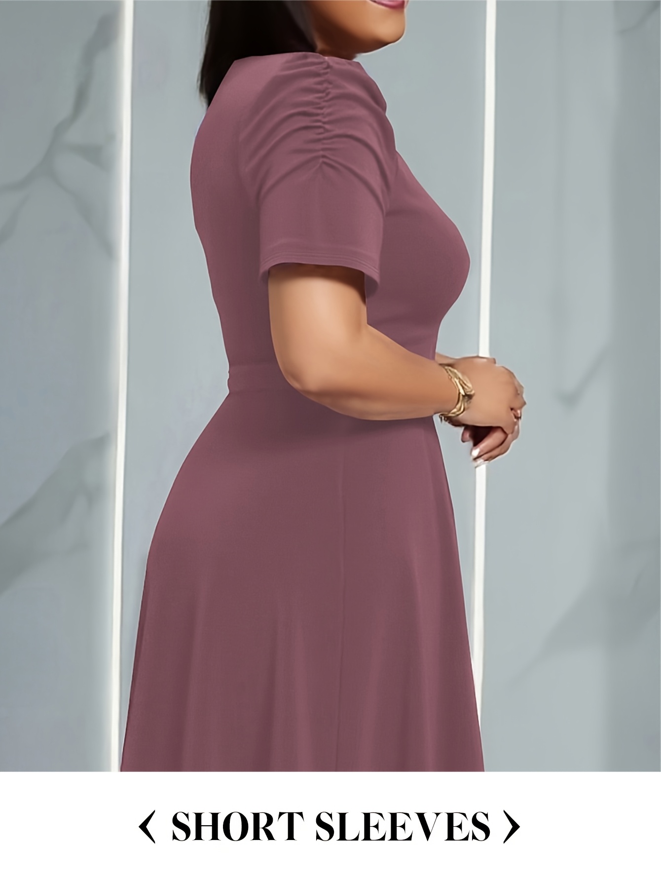 Elegant V-Neck Midi Dress with Ruffle Details | Solid Color Short Sleeve, Waist Belt, Flowing Skirt for Spring/Summer, Comfortable And Stylish Fit And Flare Silhouette