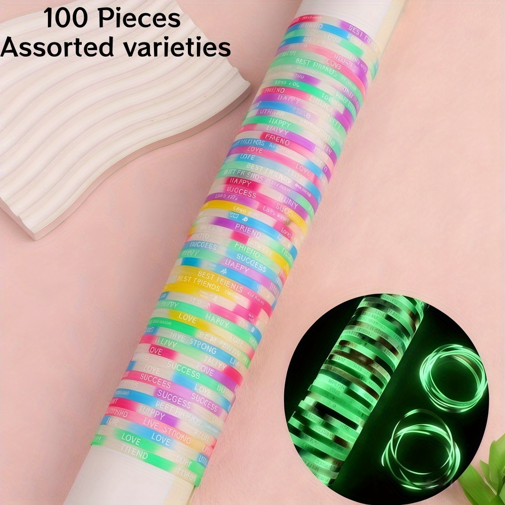 Image of 100pcs/ Fashionable Sports Style Colorful Letter Silicone Bracelets, Luminous Elastic Men's Women's Bracelet Set, Daily Exercise With Hand Jewelry Gifts Random Style
