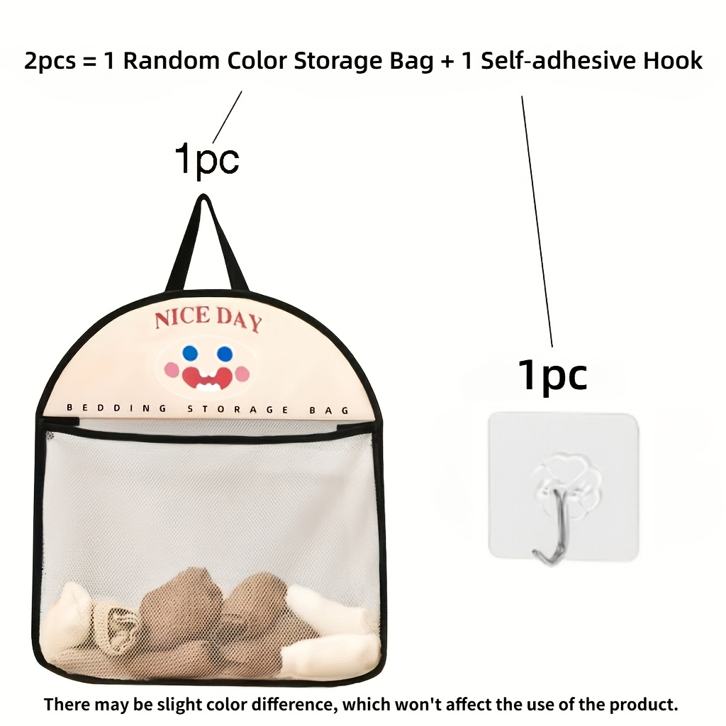 TEMU 2pcs (1pc Random Color Storage Bag And 1pc No-drill Hook) Breathable Fabric Hanging Mesh Storage Bag With Cute Animal Pattern - Wall-mountable