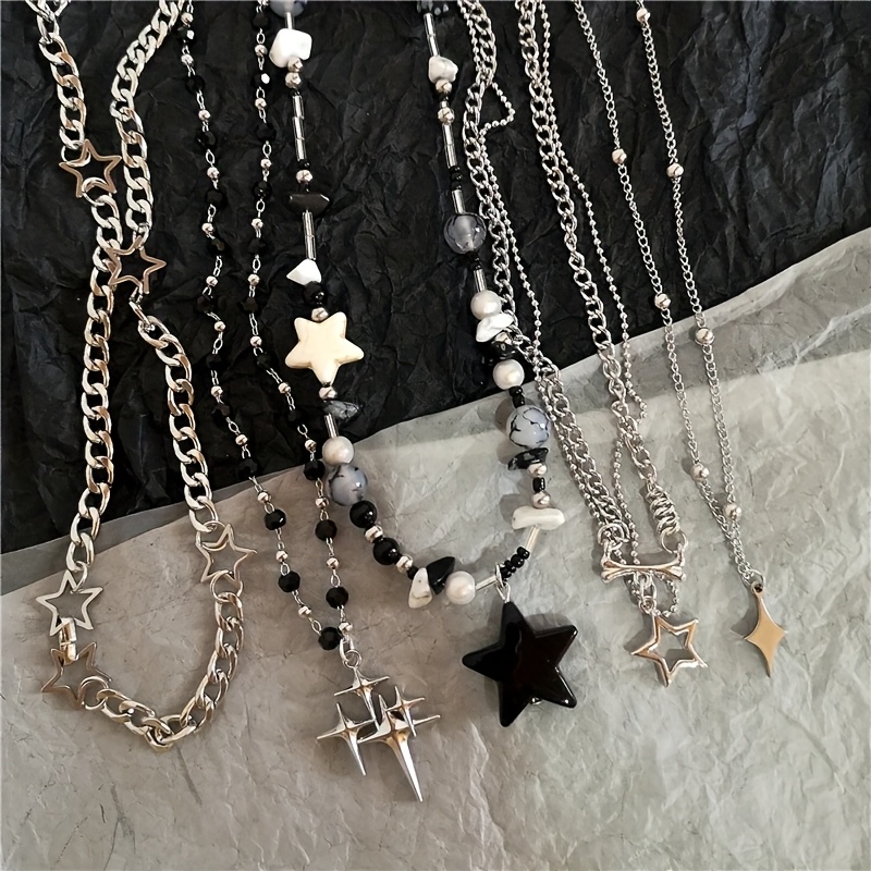 

Y2k-inspired Star Pendant Necklace - Silvery Beaded Chain For , Fashionable Kpop Grunge Accessory