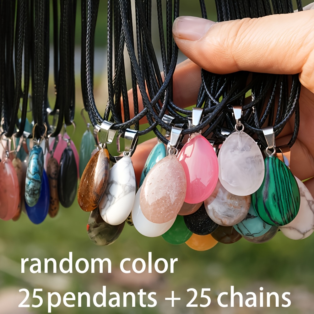 Image of Random 50pcs Assorted Colors Water Drop Shaped Pendants With Black Cords, Diverse Styles, Some Featuring Elements, Ideal For Jewelry Making 25pcs Pendants And 25pcs Necklace Cords