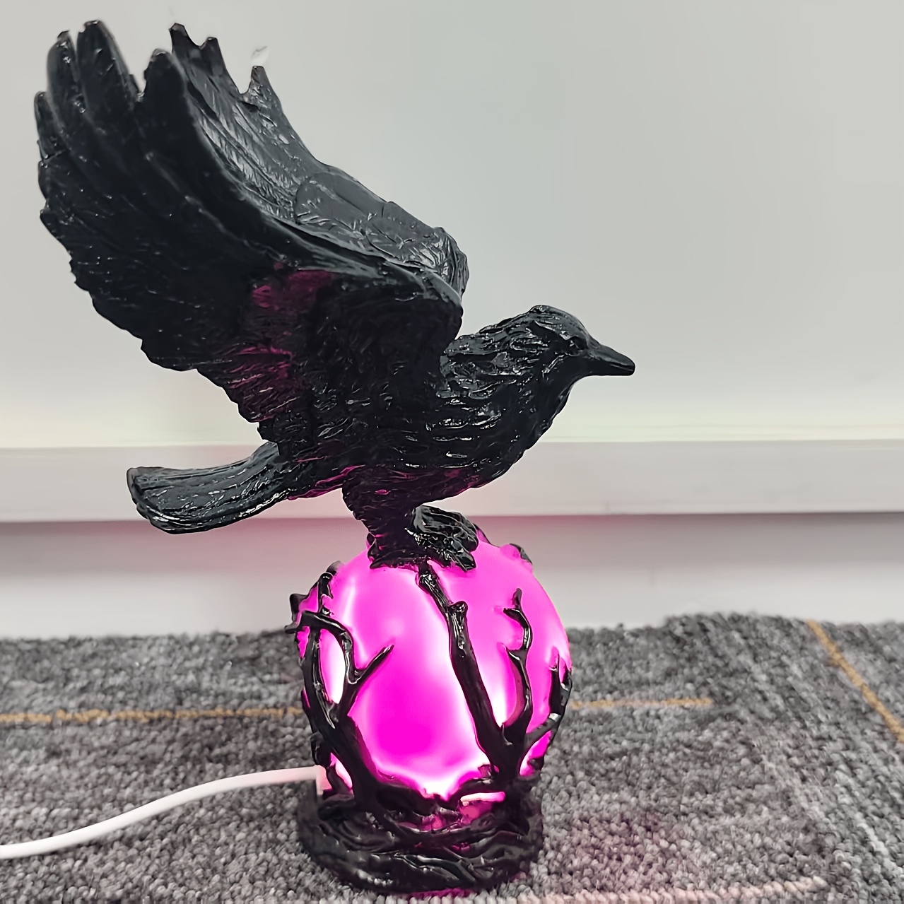 TEMU Gothic Resin Crow Night Light, Usb Powered Flying Table Lamp With Pink Glowing Thorn Sphere, Decor Bedside Lamp, Mysterious Halloween Home