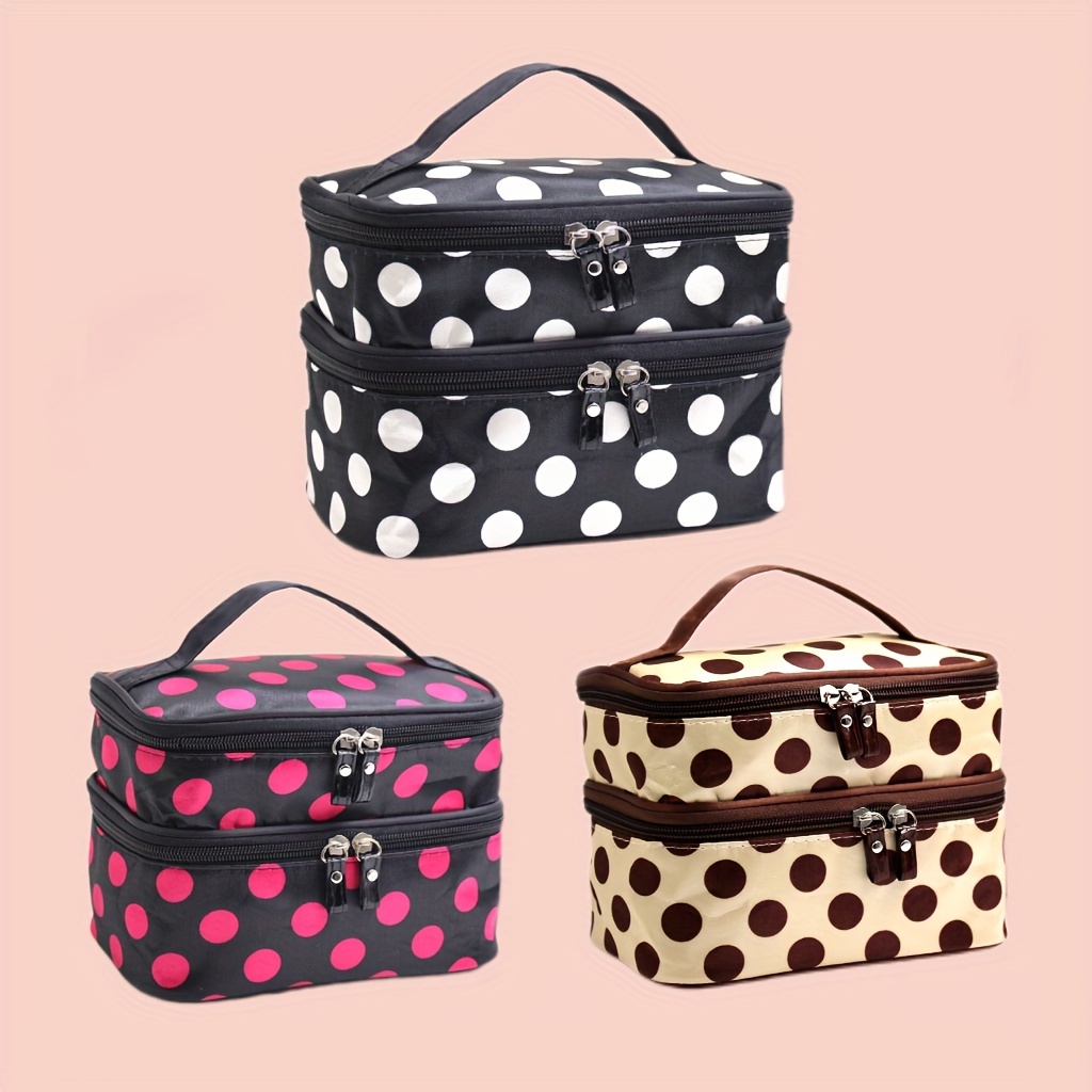 

1pc Double Layer Cosmetic Bag, Large Capacity Polka Dot Makeup Organizer, Portable Toiletry Pouch With Handle, Travel Storage For Beauty Essentials