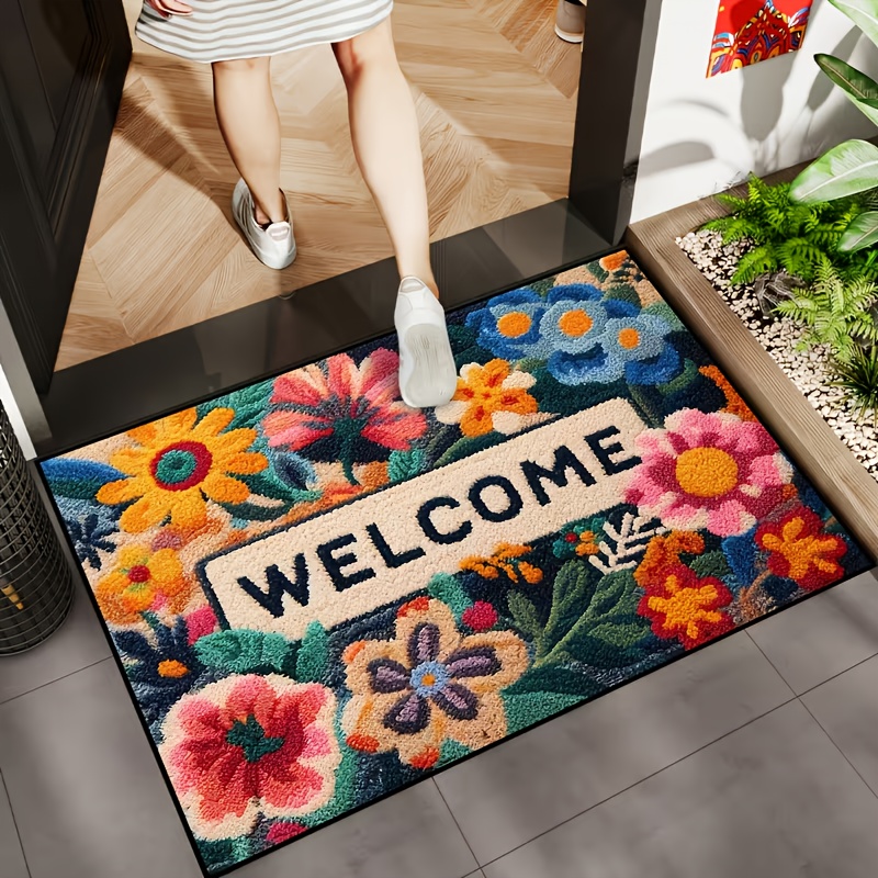 Image of 1pc Vibrant Floral Welcome Mat - Non-slip, Machine Washable Polyester Mat With Vibrant For Indoor/outdoor Use, Areas - Perfect Valentine's Day Gift & Decor, Indoor Outdoor Mat