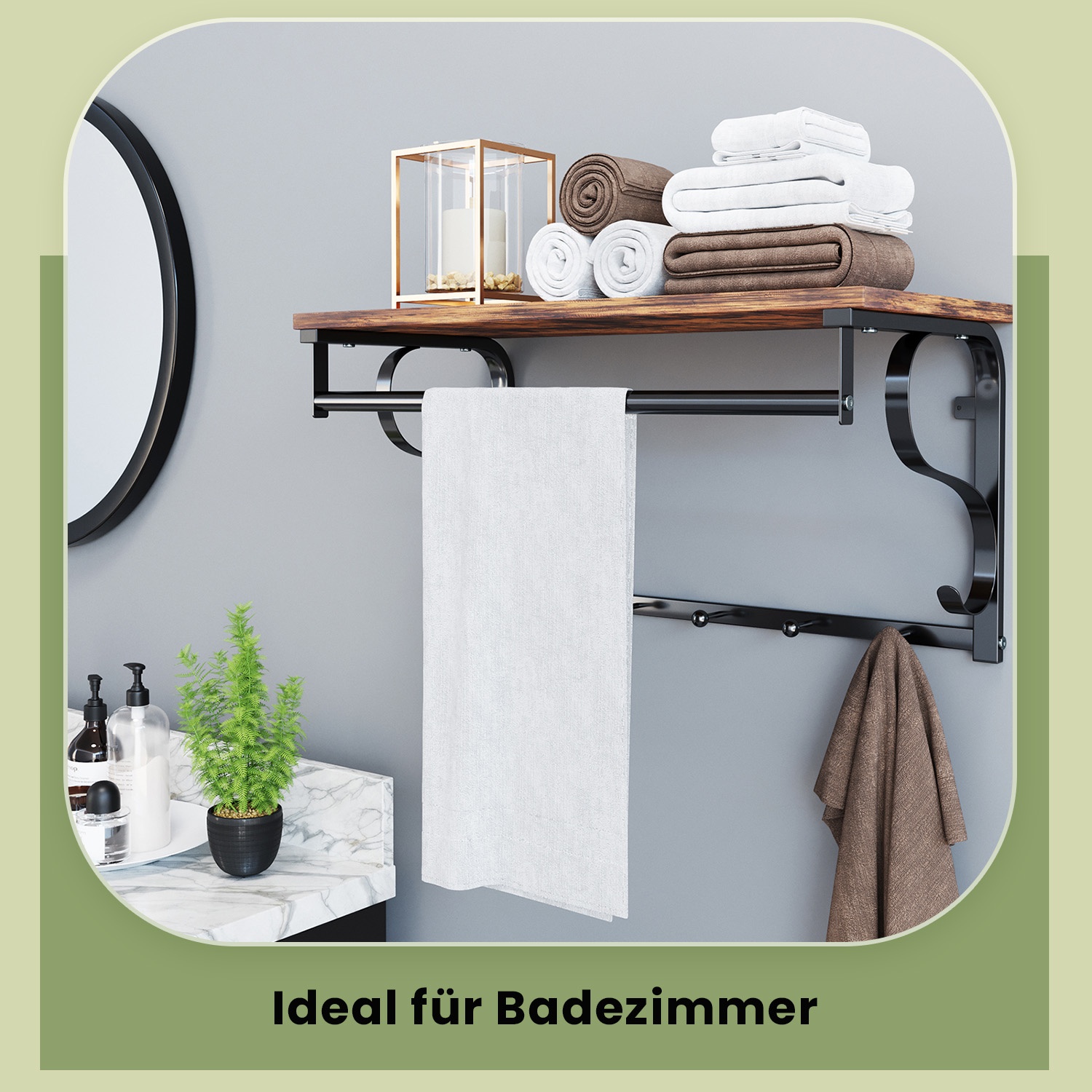 Wall Wardrobe, Wall Shelf With 5 Hooks And Shelf, Hook Strip With Hanging Rail, , For Hallway, Brown-black