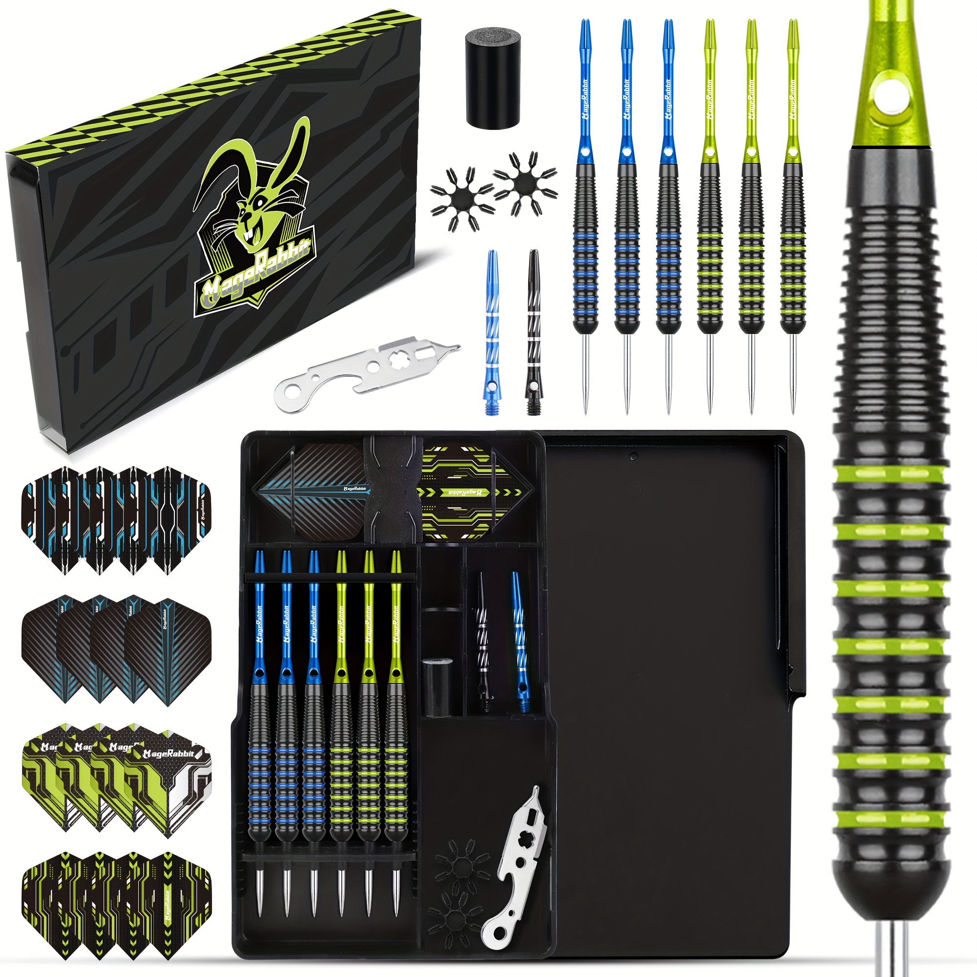 

Magerabbit Professional Dart Set - Universal 6-piece Dart Set With 20g Barrels, 8mm Aluminum Shafts, 16 Pet Flights, 2 Plastic Protectors, Dart Tool, Sharpener, And Case