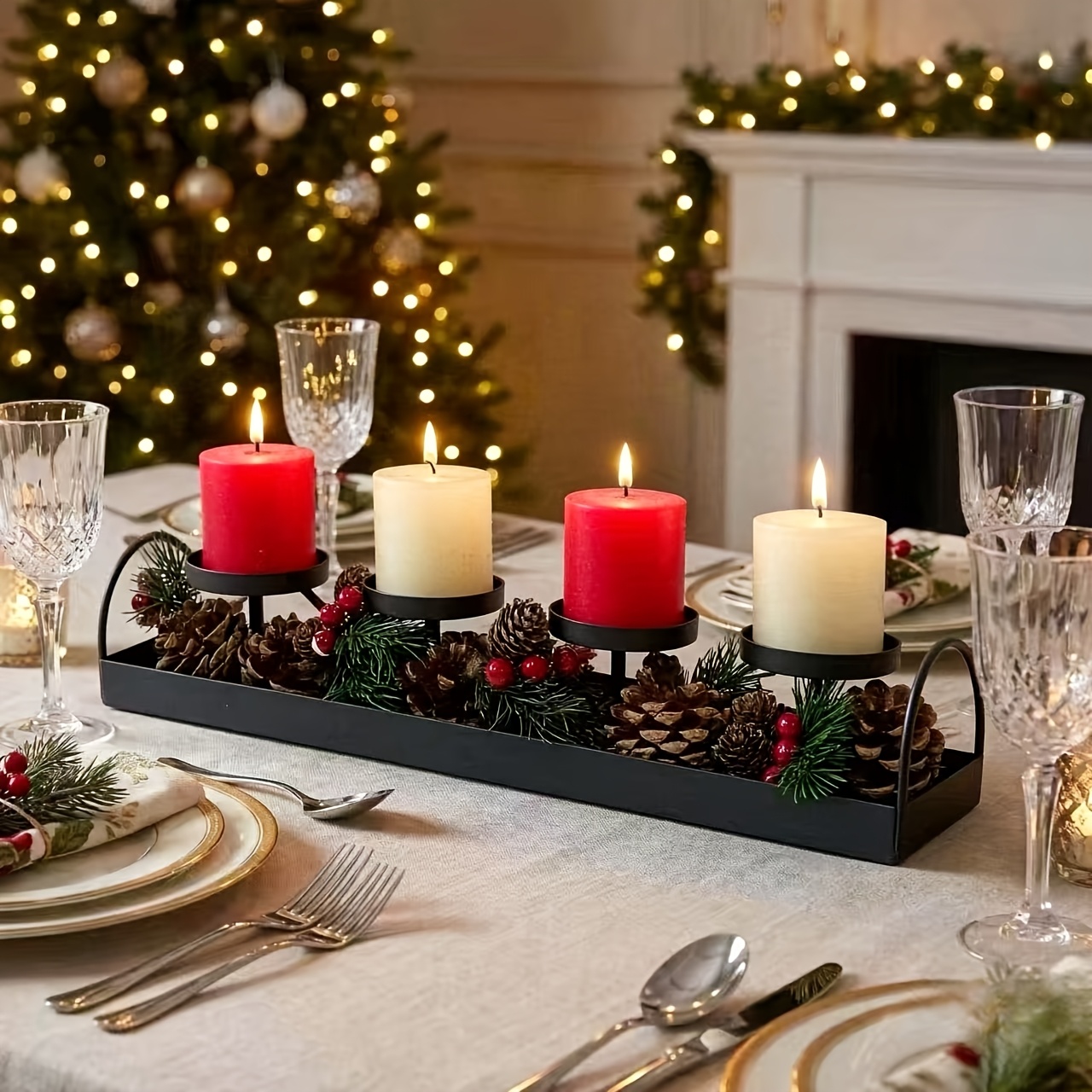The Tray With 4 Candle Holders, Suitable For Christmas And Other Festive Decorations, Applicable For Home Use