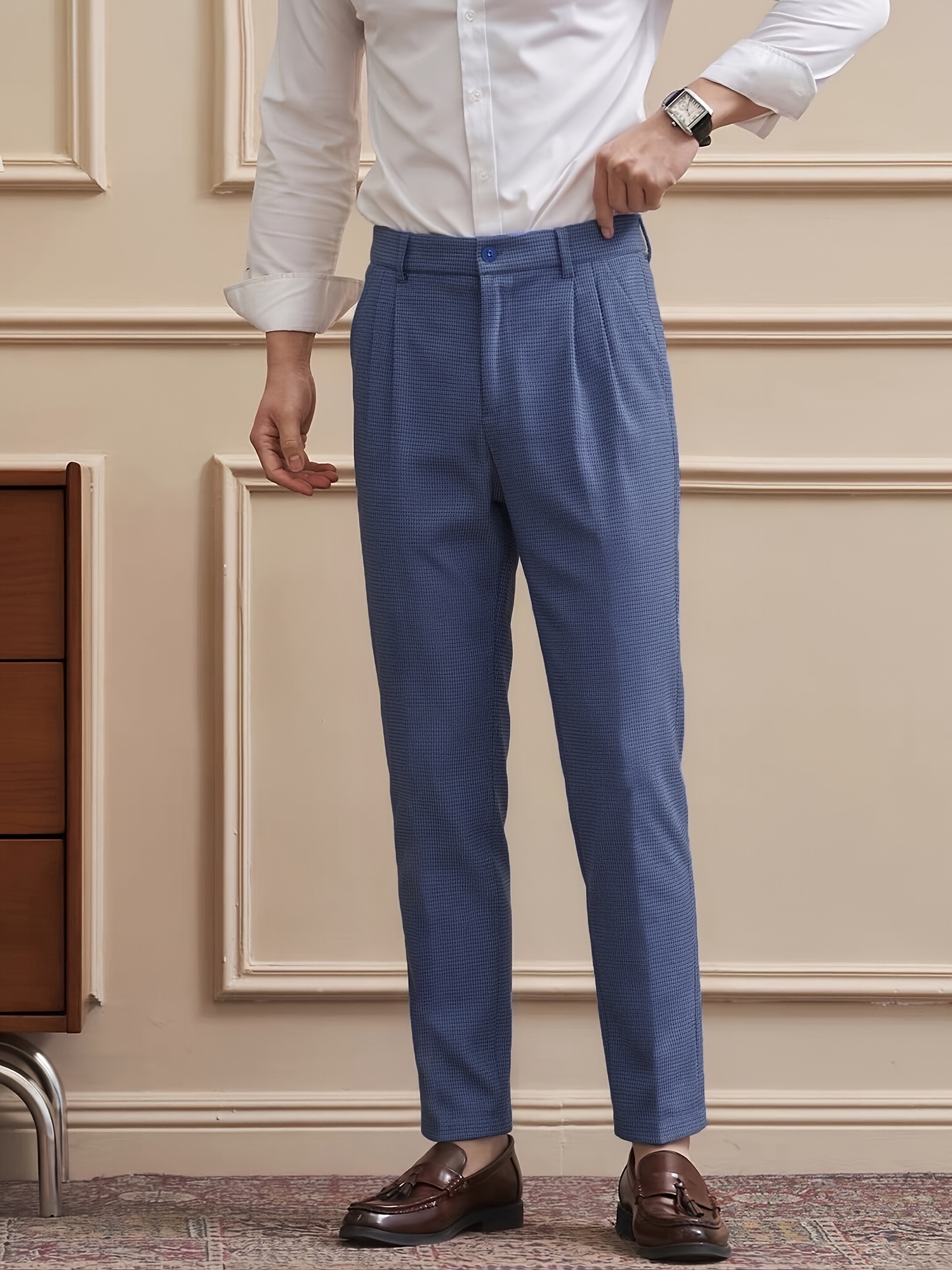 mens waffle texture formal trousers     pleated breathable casual pants suitable for   ideal for workplace interviews outdoor leisure and holiday gifting