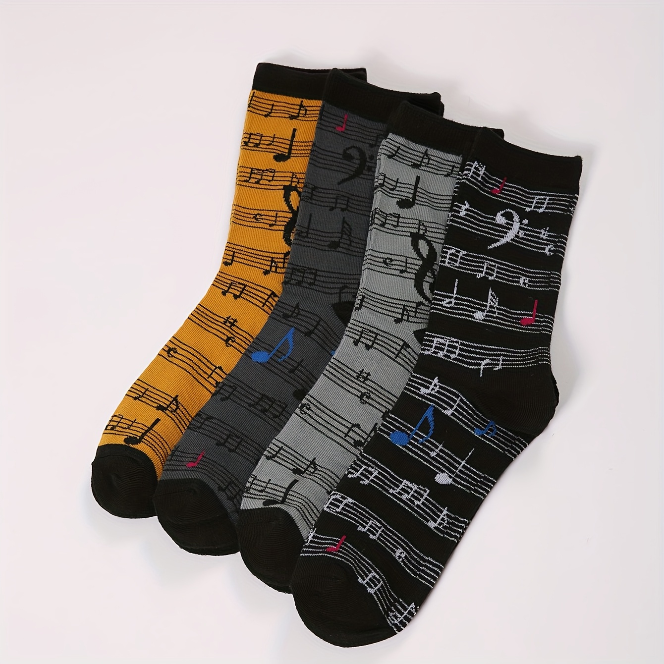 TEMU 4 Pairs Of Men's Socks With A Music Theme, Trendy Mid-calf Socks For Men, Retro Sports Socks For Students