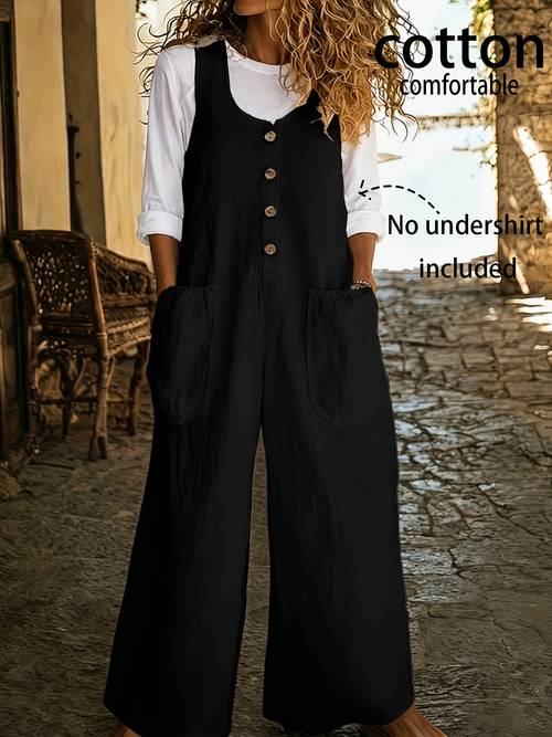 item picture womens new simple and stylish casual solid color wooden button decorative pocket sleeveless jumpsuit straight leg long pants